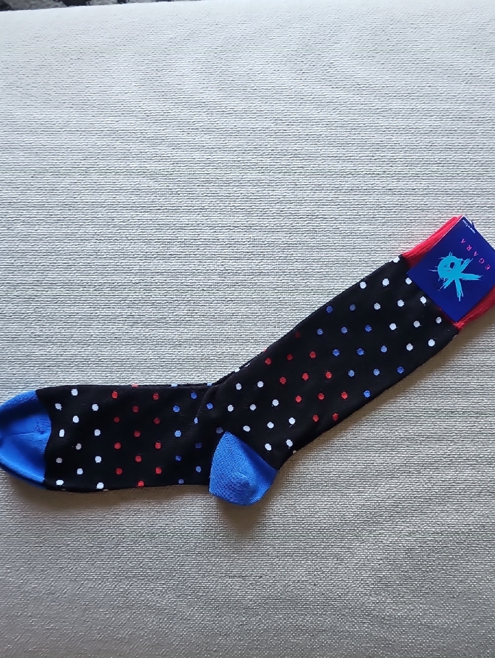 Men's Black Polka Dot Dress Socks with Blue Toe and Red Accents